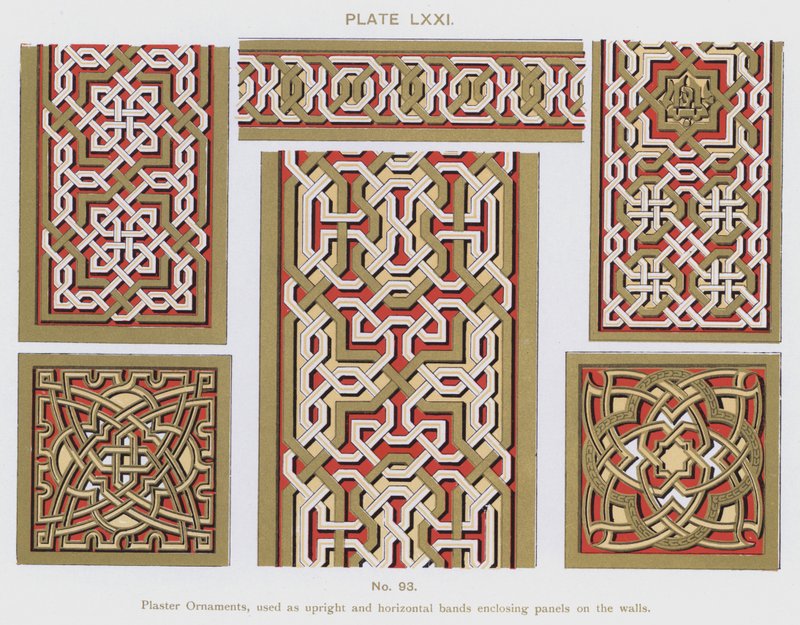 Plaster Ornaments, used as upright and horizontal bands enclosing panels on the walls by Spanish School
