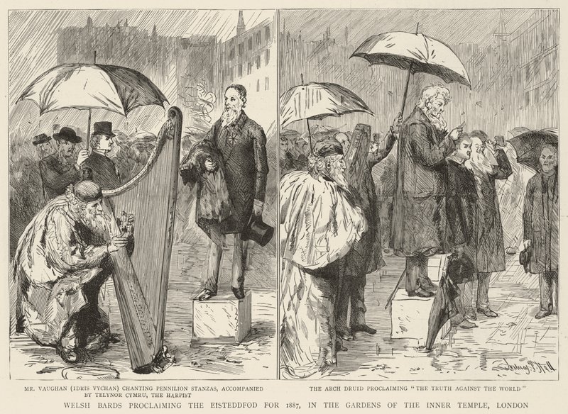 Welsh Bards proclaiming the Eisteddfod for 1887, in the Gardens of the Inner Temple, London by Sydney Prior Hall
