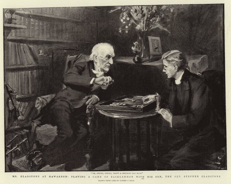 Mr Gladstone at Hawarden, playing a Game of Backgammon with his Son, the Reverend Stephen Gladstone by Sydney Prior Hall