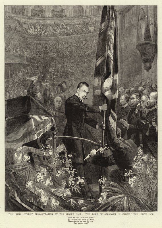 The Irish Loyalist Demonstration at the Albert Hall, the Duke of Abercorn Planting the Union Jack by Sydney Prior Hall
