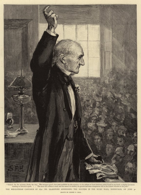 The Mid-Lothian Campaign of 1892, Mr Gladstone addressing the Meeting in the Music Hall, Edinburgh, on 30 June by Sydney Prior Hall