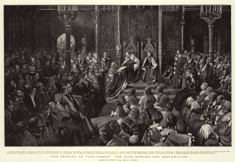 The Opening of Parliament, the King signing the Declaration by Sydney Prior Hall
