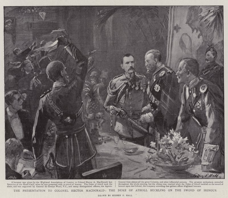 The Presentation to Colonel Hector MacDonald, the Duke of Atholl Buckling on the Sword of Honour by Sydney Prior Hall