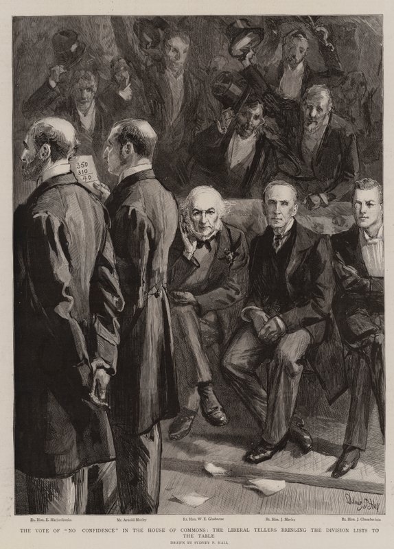 The Vote of No Confidence in the House of Commons, the Liberal Tellers bringing the Division Lists to the Table by Sydney Prior Hall