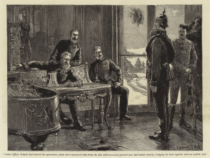 Under-Officer Schultz had entered the apartment, taken three measured steps from the door with accurately-pointed toes, had halted smartly, bringing his heels together with an audible click by Sydney Prior Hall