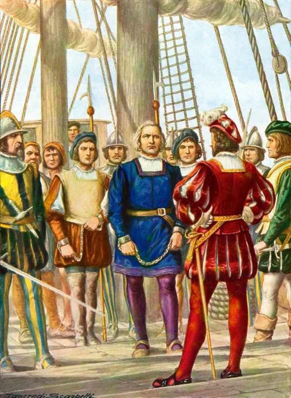 Christopher Columbus and his brothers Bartolomeo and Diego are taken prisoner on a ship that will take them to Spain by Tancredi Scarpelli
