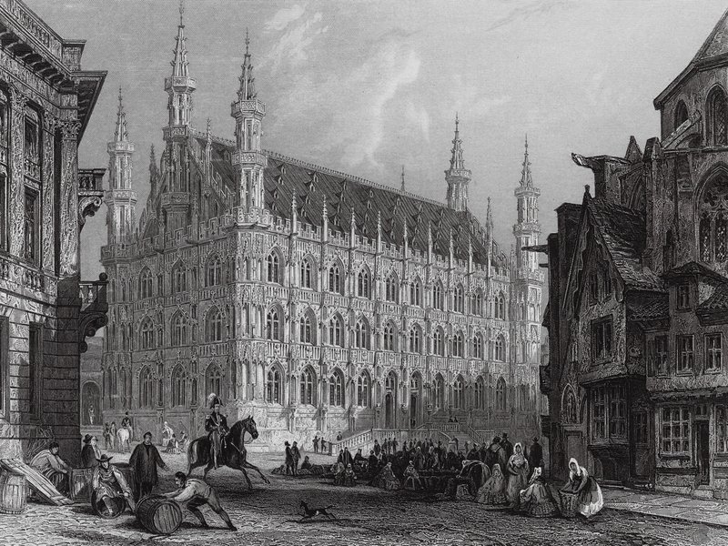 Town Hall of Louvain, with part of the Cathedral by Thomas (after) Allom
