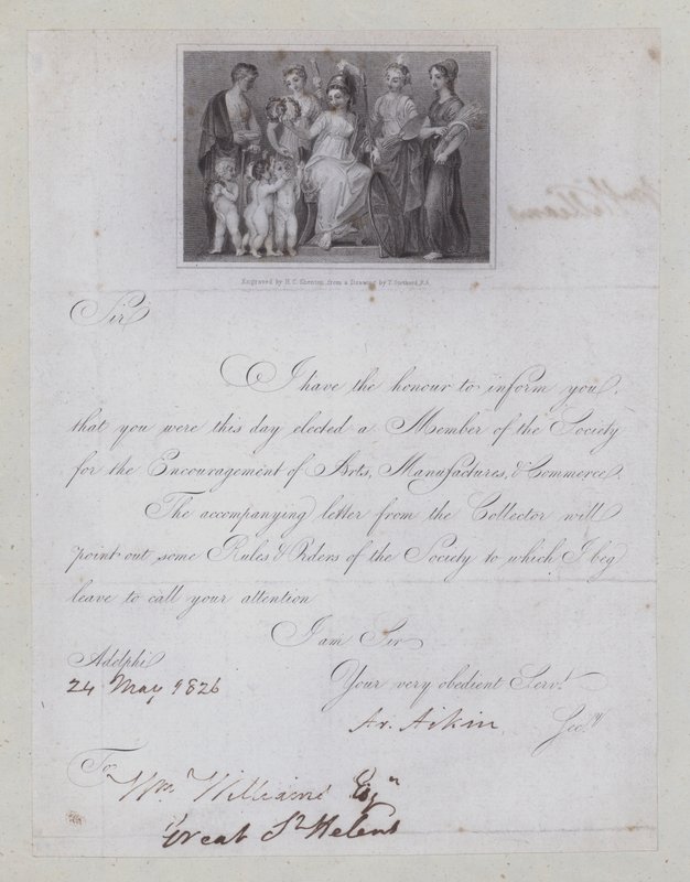 Letter of confirmation of election to membership of the Society for the Encouragement of Arts, Manufacturies and Commerce by Thomas (after) Stothard