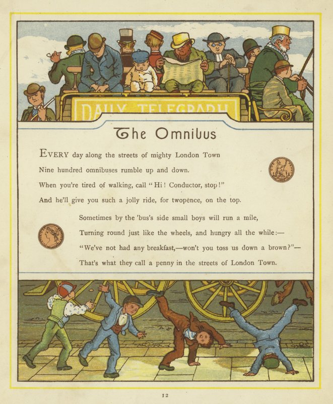 Passengers travelling on the omnibus while children turn cartwheels on the street below by Thomas Crane