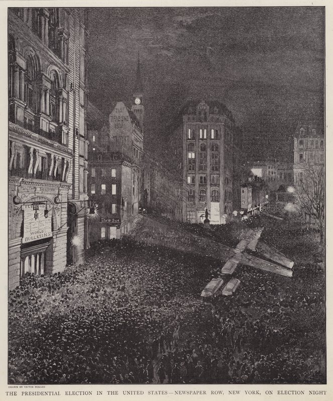 Newspaper Row, New York City, on the night of the US presidential election, 8 November 1892 by V. Perard