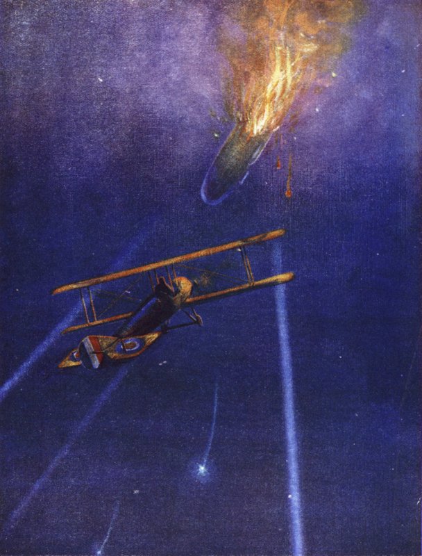 Lieutenant William Leefe Robinson attacks an enemy airship and brings it down in flames over Cuffley, Hertfordshire, September 1916 by W. Avis