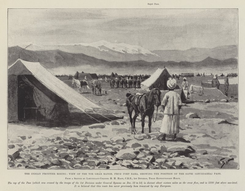 The Indian Frontier Rising, View of the Tor Ghar Range, from Fort Bara, showing the Position of the Sapri (Ghuzdarra) Pass by William Barnes Wollen