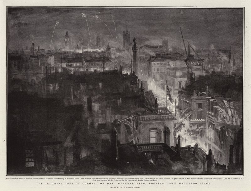 The Illuminations on Coronation Day, General View, Looking Down Waterloo Place by William Lionel Wyllie