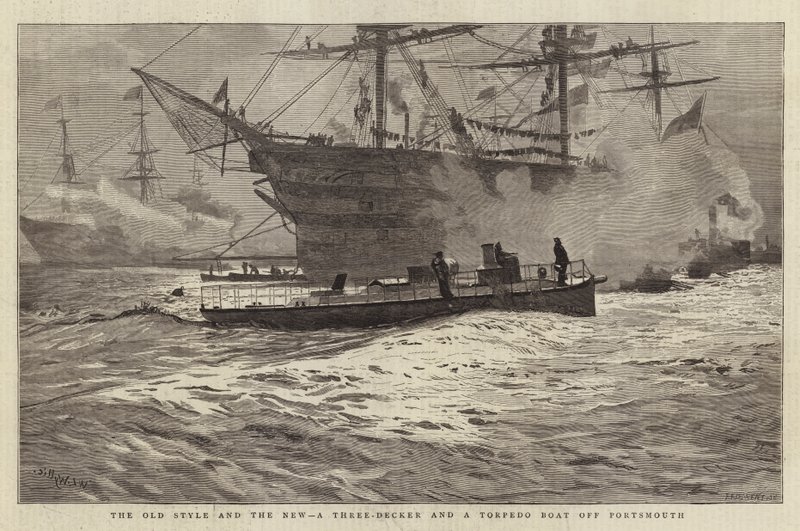 The Old Style and the New, a Three-Decker and a Torpedo Boat off Portsmouth by William Lionel Wyllie