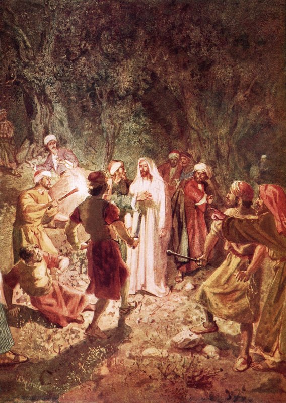 Judas betraying Jesus with a kiss, in the garden of Gethsemane by William Brassey Hole