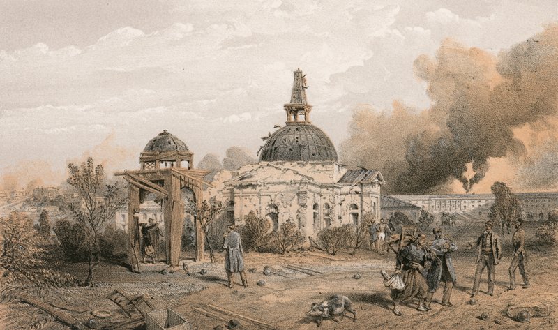 Church in the rear of the Redan, looking north, showing the effects of shot and shell by William Crimea Simpson