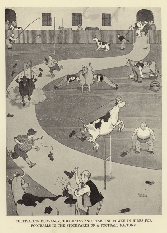 Cultivating Buoyancy, Toughness and Resisting Power in Hides for Footballs in the Stockyards of a Football Factory by William Heath Robinson