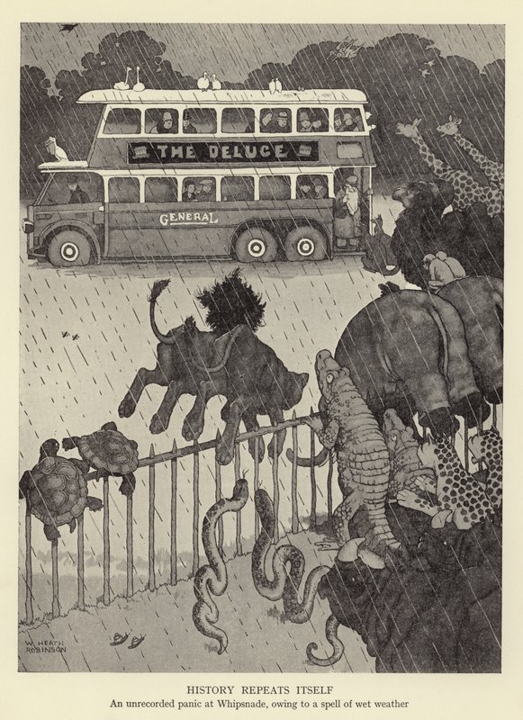 History repeats itself, an unrecorded panic at Whipsnade, owing to a spell of wet weather by William Heath Robinson