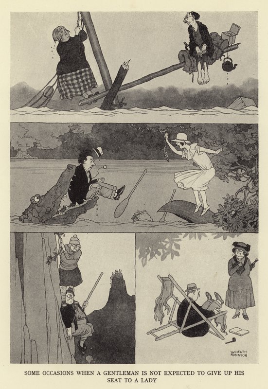 Some occasions when a gentlemen is not expected to give up his seat to a lady by William Heath Robinson