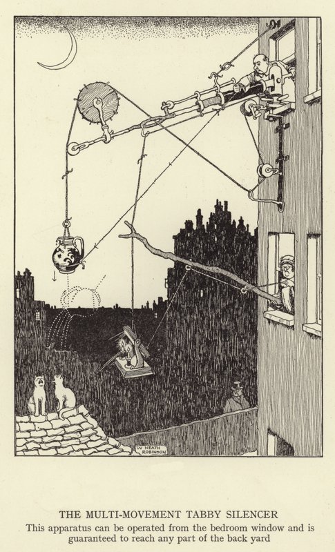 The Multi-movement Tabby Silencer, this apparatus can be operated from the bedroom window and is guaranteed to reach any part of the back yard by William Heath Robinson