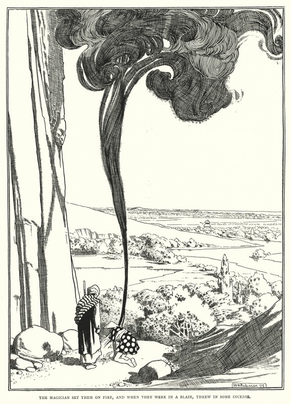 The magician set them on fire, and when they were in a blaze, threw in some incense (engraving) by William Heath Robinson