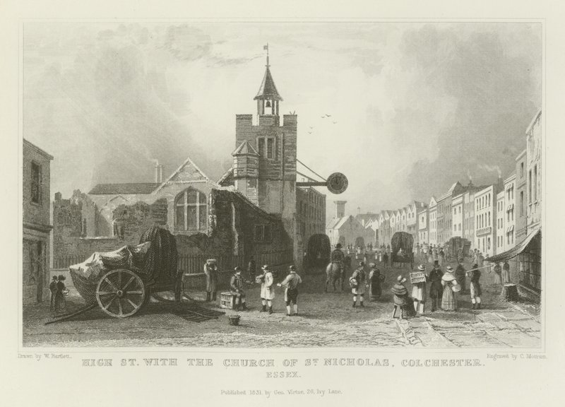 High Street with the Church of St Nicholas, Colchester, Essex by William Henry Bartlett