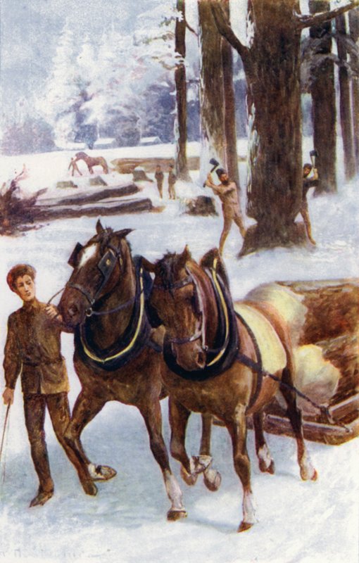 Some engaged in felling trees, others with horses dragging the trunks, placed on sleighs, over the hard snow by William Henry Charles Groome
