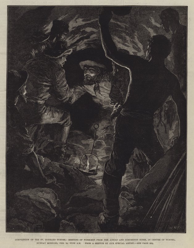 Completion of the St Gothard Tunnel, Meeting of Workmen from the Airolo and Goschenen Sides, in Centre of Tunnel, Sunday Morning, 29 February, Nine am by William Heysham Overend