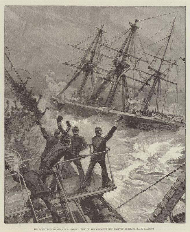 The Disastrous Hurricane in Samoa, Crew of the American Ship Trenton cheering HMS Calliope by William Heysham Overend