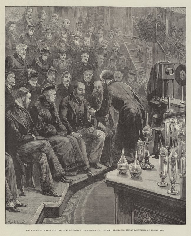 The Prince of Wales and the Duke of York at the Royal Institution, Professor Dewar Lecturing on Liquid Air by William Heysham Overend