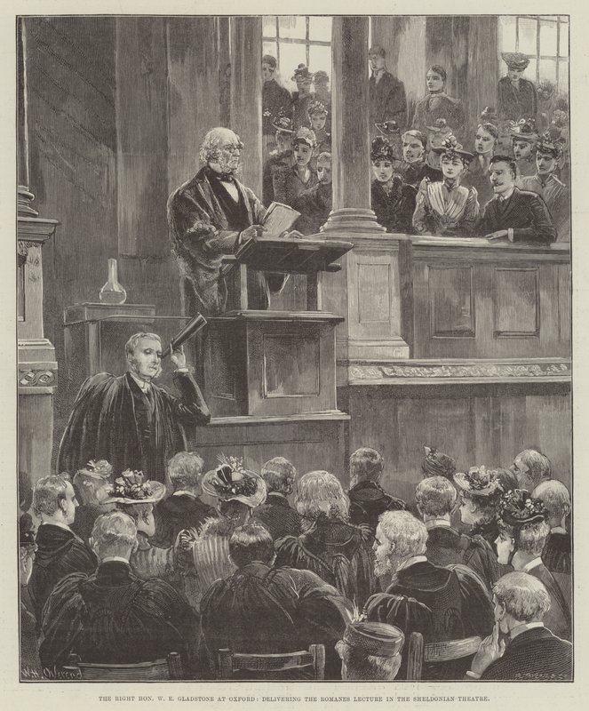 The Right Honourable W E Gladstone at Oxford, delivering the Romanes Lecture in the Sheldonian Theatre by William Heysham Overend