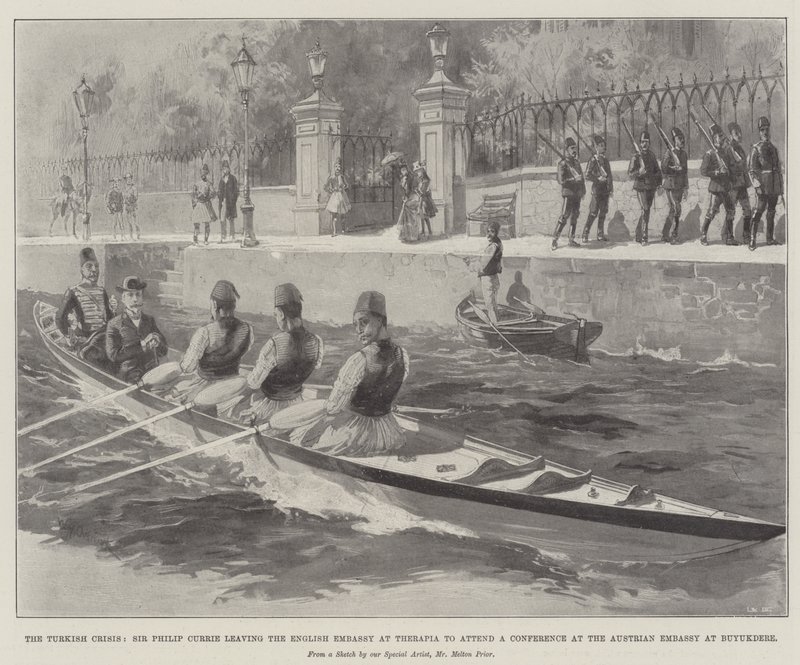 The Turkish Crisis, Sir Philip Currie leaving the English Embassy at Therapia to attend a Conference at the Austrian Embassy at Buyukdere by William Heysham Overend