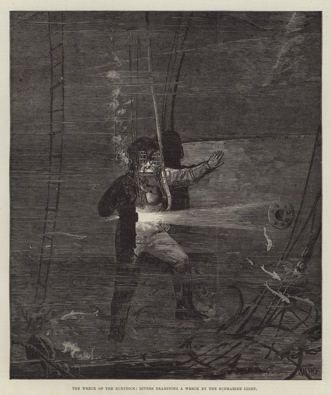 The Wreck of the Eurydice, Divers Examining a Wreck by the Submarine Light by William Heysham Overend