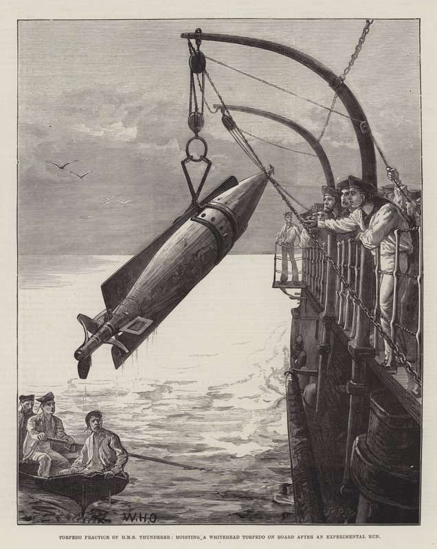 Torpedo Practice of HMS Thunderer, Hoisting a Whitehead Torpedo on Board after an Experimental Run by William Heysham Overend