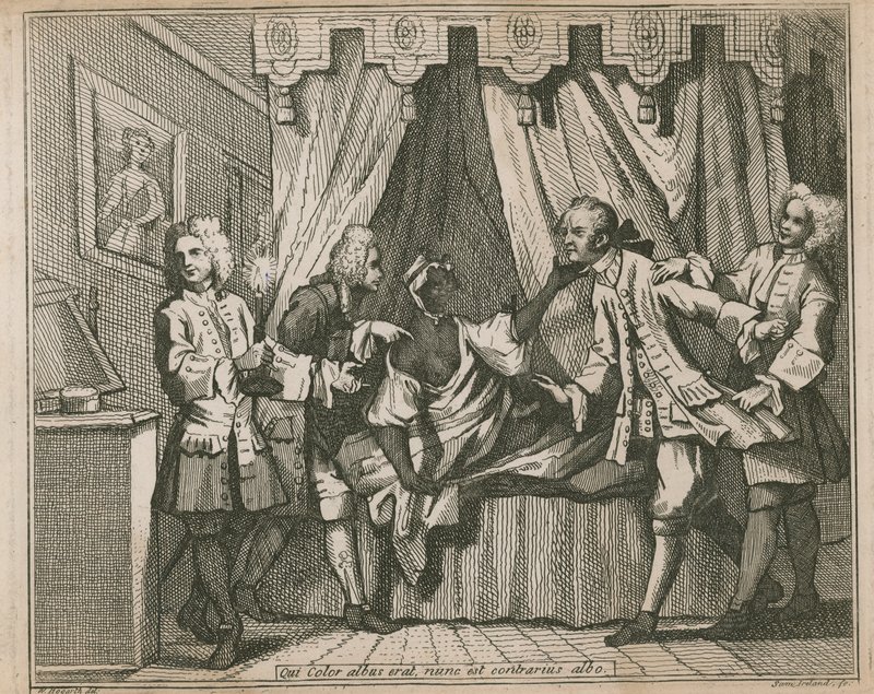 Four men confront a black woman in her bedroom by William Hogarth