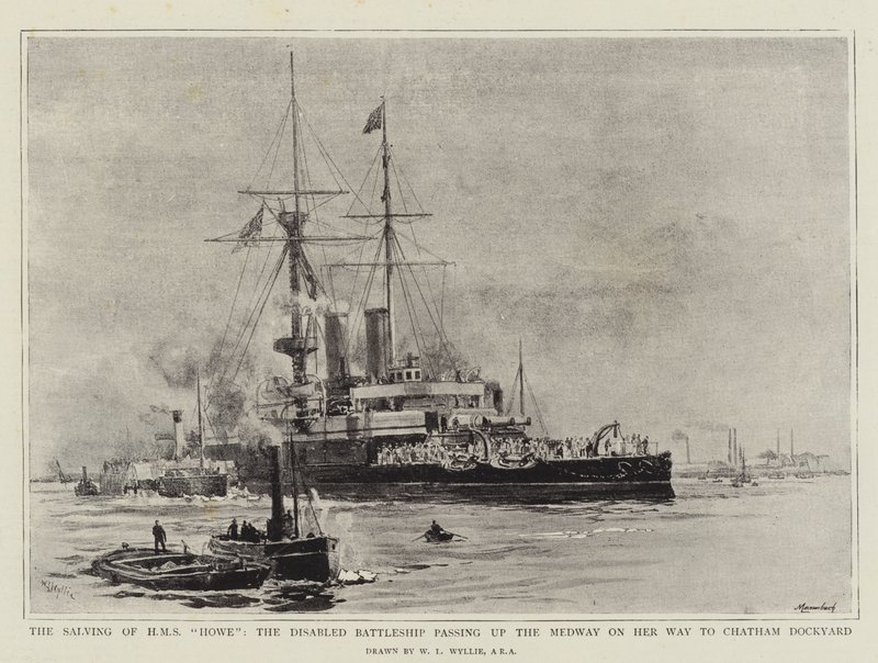 The Salving of HMS Howe, the Disabled Battleship Passing up the Medway on her Way to Chatham Dockyard by William Lionel Wyllie