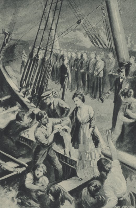 The men of the Birkenhead stand to attention while the ship goes down in the waters by after Charles Mills Sheldon