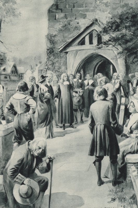 The people of Eyam in Derbyshire, resolving to shut their plague-stricken village off from the world by after Charles Mills Sheldon