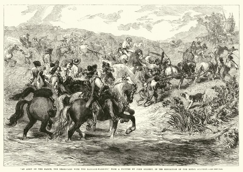 An Army on the March, the Rearguard with the Baggage-Waggons, in the Exhibition of the Royal Academy by after John Gilbert