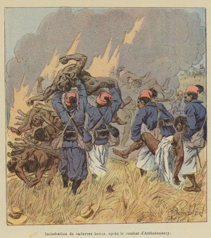 Incineration of Hova Corpses After the Battle of Ambolomonty by after Louis Charles Bombled