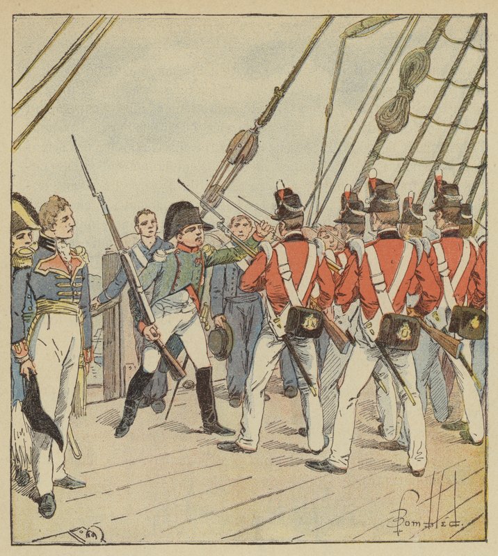 The Emperor commands the exercise to the soldiers of the Bellerophon by after Louis Charles Bombled