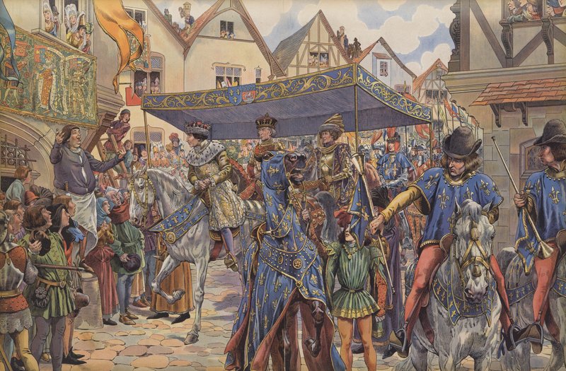 Crowds on the streets of Paris greeting Louis XI as he arrives from Burgundy to claim his kingdom after the death of his father, Charles VII by pseudonym for Onfray de Breville Jacques Job