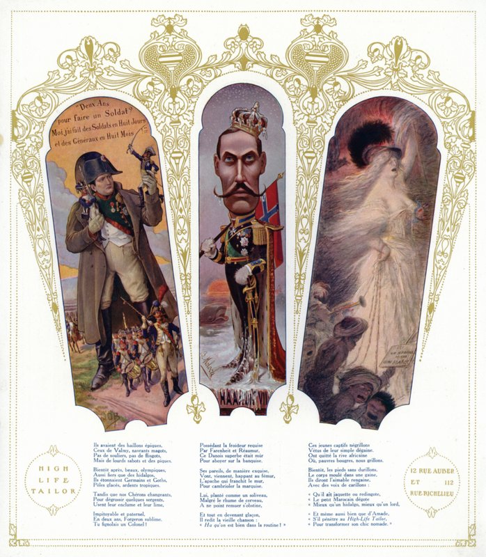 French Military Training, Caricature of King Haakon VII of Norway, and Moroccan Immigrants in France by pseudonym for Onfray de Breville Jacques Job