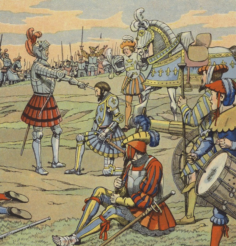 King Francis I of France receiving his knighthood from the Chevalier de Bayard after the Battle of Marignano by pseudonym for Onfray de Breville Jacques Job