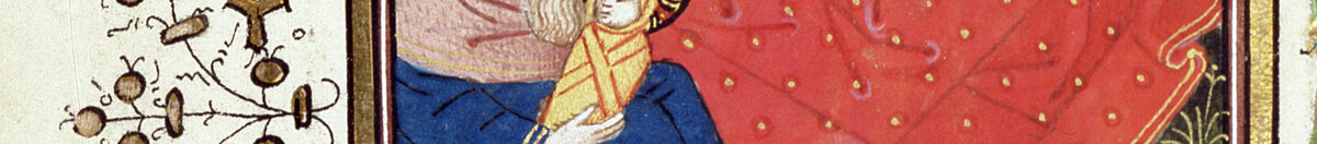 Manuscript 69 f. 48r, Birth of Jesus, from the Book of Hours of the "Master of Jacques de Besançon" (French School), Detail: Josef mit Christuskind