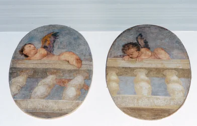 Two Winged Putti Climbing Over a Balustrade, Roundels from the Sacristy