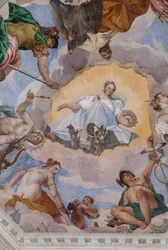 Universal Harmony surrounded by gods: Zeus with an eagle, Mars, Apollo with the lyre, Venus, Mercury with caduceus, Diana with dogs, and Saturn