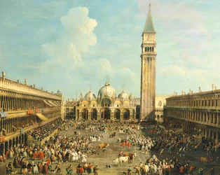 Bullfighting or Bull hunting in Piazza San Marco, by Giovanni Antonio Canal, known as Canaletto and Giovanni Battista Cimaroli
