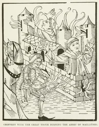 Geoffrey with the great tooth burning the Abbey of Maillieres (engraving)