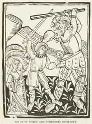 Sir Bevis fights and overcomes Ascaparte (engraving)